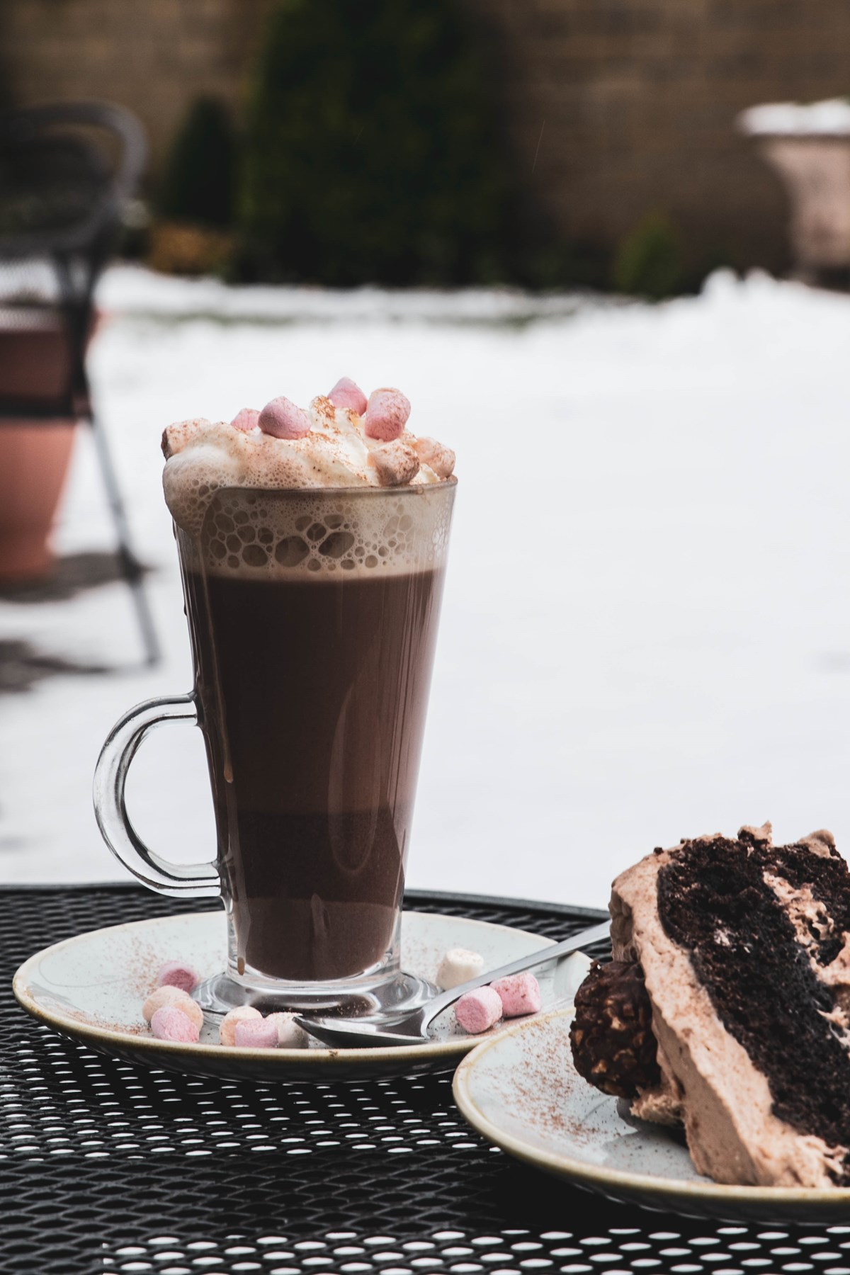 A hot chocolate in the snow, which can be bought at the Dumfries Arms Hotel.